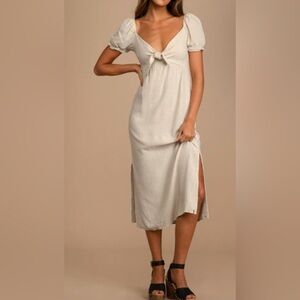 Rhythm Aylah Beige Puff Sleeve Tie Front Midi Dress Sz XS Linen Blend Casual‎